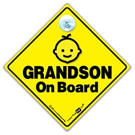 Grandson On Board Sign, Baby On Board Sign, Grandchild On Board Car Window Sign, High Visibility Advisory Car Sign Designed to Let Other Road Users a Child is in The Car, 14 cm x 14cm x 2cm