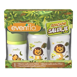 Evenflo Set Edición Salvaje 3 Piezas, Biberones Anticólicos Cuello Ancho con Vaso Entrenador, 150ml y 270ml, Polipropileno, Diseño Variable, León, Lobo & Tigre