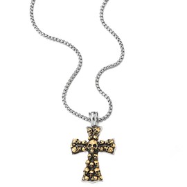 COOLSTEELANDBEYOND Mens Large Gothic Vintage Gold Skulls Cross Pendant Necklace of Steel, 30 inches Wheat Chain(CA)