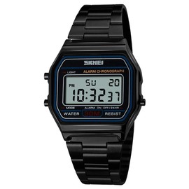 SKMEI Mens Boys Classic Clear Digital Watch Retro Alarm Metal Strap Date Black