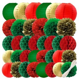 WOLHOWLTD Gold Green Red Christmas Decoration Set - 36Pcs Paper Lanterns, Pompoms, Honeycomb for Wedding,Christmas,School Day,Bridal Shower,Scary Birthday Party Classroom,Home Decoration