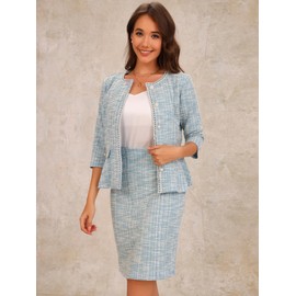Allegra K Women's 2 Piece Tweed Skirt Set Suit 3/4 Sleeve Jacket Pencil Skirt Elegant Business Suits for Women X-Large Light Blue