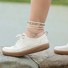 Lynnaneo Waterproof String Ankle Bracelets Boho Starfish Disc Coin Anklets Cute Summer Beach Anklet Braid Foot Jewelry Set for Women Teen Girls(White)