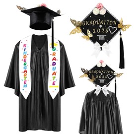 Kids Preschool Graduation Gown Cap Stole Set, DIY Cap Decorations for Kindergarten Ceremony Boys Girls Grad Outfit Gift (Black, 5-6 Years)