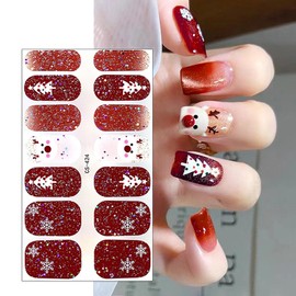 6 Sheets Bling Glitter Gel Nail Stickers Gold Blue Red Glitter Nail Wraps Stickers Self-Adhesive Cute Elk Snowflake Santa Claus Dwarf Gel Nail Strips Winter Xmas Nail Polish Stickers for Women Girls