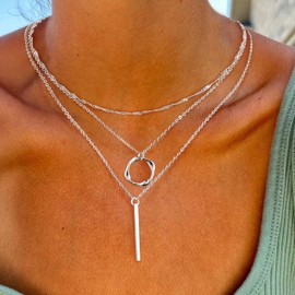 ASCOMY Layered Necklaces for Women Dainty Silver Necklaces 14K Silver Plated Layered Twist Rope Choker Bar Charm Twist Circle Pendant Necklace Layered Necklaces Set Simple Jewelry Gift for Women