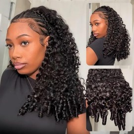 BGM GIRL 3 in 1 Burmese Curly Half Wig Human Hair Glueless Flip Over Half Wig with Drawstring Spiral Curly Ends for Women Easy Install Natural Black 180% Density 16 Inch