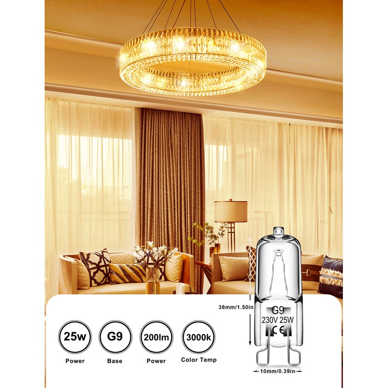 Fulighture G9 Halogen Bulbs, Clear Capsule Halogen Lamps Dimmable, 25W,