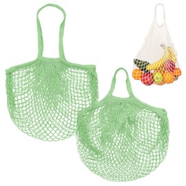 M METERXITY 2-Pack Cotton Mesh Bag, Reusable Washable Mesh Net String Grocery Bags, Reusable Produce Bags with Handle, Net Tote Bag for Fruits/Vegetables Shopping [Avocado, Long&Short Handle]