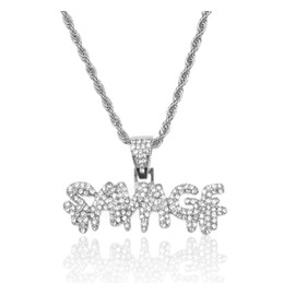 Halukakah Gold Chain for Men Iced Out,Platinum White Gold Finish SAVAGE Letter Pendant Necklace,Full Cz Lab Diamonds Prong Set,with Rope Chain 24",FREE Giftbox