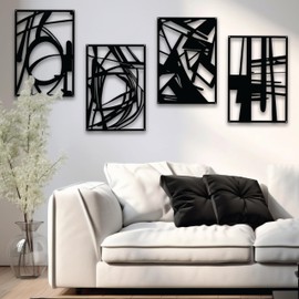 OUR NEST Pack of 4 Black Abstract Metal Wall Art - Matte Finish Aesthetic Minimalistic Metal Art Wall Decor - 3D Abstract Wall Art for Living Room, Home Decor, Bedroom Bathroom Study (16" x 11'')