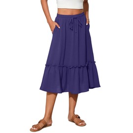 Witsmile Summer Skirts for Women 2025 Elastic Waist Floral Printed Midi Skirt with Pockets Maternity Skirt(Deep Blue,2XL)