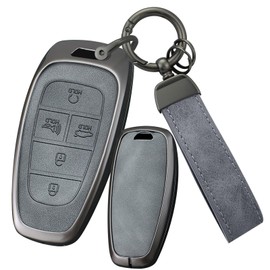 ontto 5 buttons Car Key Case Cover Fit for Hyundai Ioniq 5 Sonata Santa Fe Nexo Tucson Palisade 2020 2021 2022 2023 2024 Alloy Leather Smart Key Holder shell keyring Accessories-Round keychain