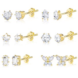 ASH'S CHOICE Gold Stud Earring Set, 6 Pairs Sterling Silver Stud Earrings for Women, Small Stud Cartilage Earrings, Multipack Butterfly Flower Diamond Ball Stud Earrings, Hypoallergenic Earrings