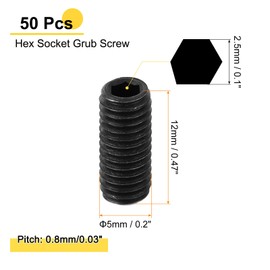 sourcing map 50Pcs Hex Socket Grub Screw, M5x12mm 304 Stainless Steel Head Socket Set Screws Flat Point Grub Bolt for Door Handles, Light Fixture Repair, Black