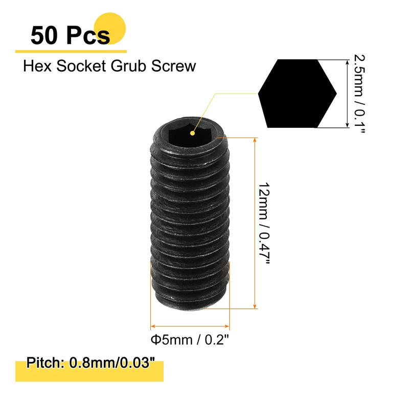 sourcing map 50Pcs Hex Socket Grub Screw, M5x12mm 304 Stainless