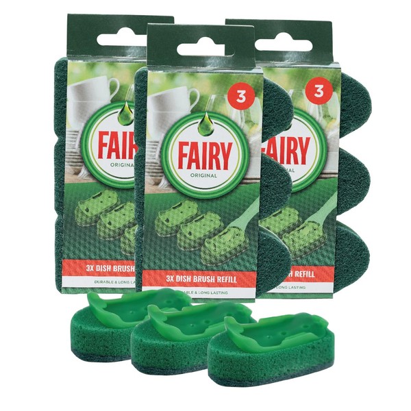 Addis Fairy Soap Dispensing Non Scratch Sponge Scourer Dish Brush Replacement Refill, Durable Long Lasting Bulk Heads, Green, One Size-Pack of 9
