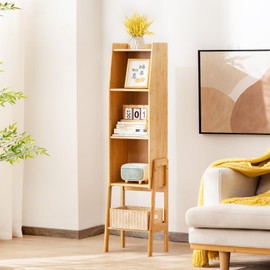 Welnow Natural Modern End Table, Bamboo Nightstand with 3 Tier Storage Space Open Shelf Side Table Cabinet Bedside Table Practical Sofa Side Table for Bedroom, Living Room,Large