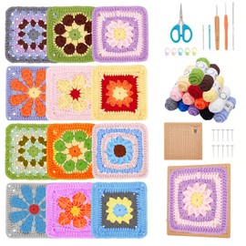 ORIGACH 6 in 1 Crochet Daisy Granny Square kit for Beginners Adult, Handmade Granny Square Starter Crochet kit Complete Crochet Set with Crochet Blocking Mat Step-by-Step Video Tutorials