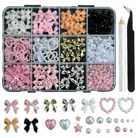 Byeolla Self Nail Parts Large Capacity Ribbon Heart Pearl Flower Set, 1 Set, Mixed Colors / 별라 셀프 네일 파츠 대용량 리본 하트 진주 꽃 세트, 1세트, 혼합색상