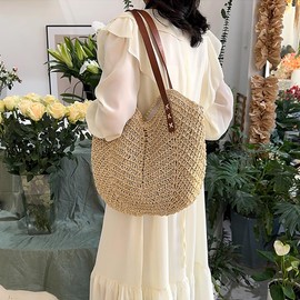 MAMUNU Straw Beach Bag for Women Large Straw Tote Bag with Zipper Retro Summer Woven Bag Travel Handbag, Handmade Boho Casual Straw Shoulder Bags for Beach Pool Vocation