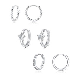 Loutade Silver Hoop Earrings for Women, 3 Pairs 925 Sterling Silver Hoop Earrings Set With Zircon, Hypoallergenic Earrings Dainty CZ Small Cartilage Sleeper Silver Huggie Earrings for Girls Men