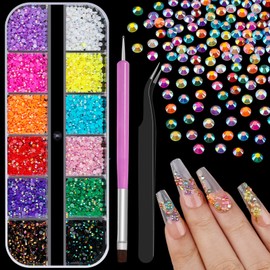 3600pcs 2mm Jelly AB Flatback Nail Art Rhinestones, Resin 3D Sparkling Nails Crystal Diamonds Gems Mini Charms with Tweezers and Dual-end Brush for Crafts Artwork DIY, Face Makeup Gems Jewels (8-K1)