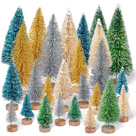 30 Pcs Mini Christmas Trees, Btowin VCF Artificial Snow Frost Trees 5 Color Sisal Tree Bottle Brush Tree with Wood Base Mini Pine Tree DIY Craft Ornaments for Christmas Party Home Tabletop Decor