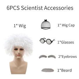 ZUJIACUN 6PCS Mad Scientist Wig Set, White Cosplay Old Man wig set Children's 100th day of school Grandpa costume, Cosplay Party Mad Scientist costume Party accessories