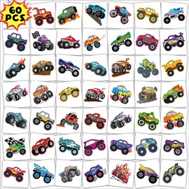 Qpout 60 Pieces Monster Truck Temporary Tattoos for Children, Racing Car, Truck Wheels, Fake Tattoo Stickers for Boys, Racing Car, Birthday Party, Party Favours, Accessories, Decorations