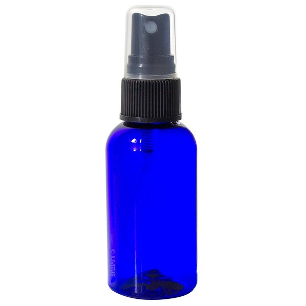 JUVITUS 2 oz Cobalt Blue Boston Round PET Plastic Bottles with Black Fine Mist Spray (24 Pack) + Labels