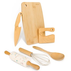 LUOLAO Wooden Kids Safe Knife and Kids Baking Set for Real Cooking, 6 PCS Toddler Montessori Kitchen Tools, Cooking and Baking for Little Chefs