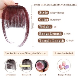 BUPPLER Clip in Bangs 100% Real Human Hair Clip on Bangs for Women Faux Bangs Clip in Hair Extensions with Hair Roller for Daily Wear(Thin,Crimson)