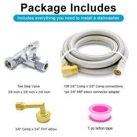 TTFLEX Dishwasher Installation Kit, Stainless Steel Braided Hose with 3/8" MIP Elbow, 3/8" Tee Stop Valve and 3/4" FHT Elbow - 10 FT