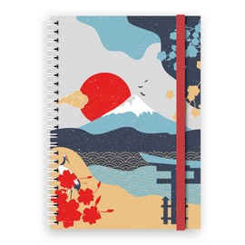 A5 Spiral Bound Journal Notebook- Japanese Themed Cover Designs, 120 Ruled Pages, Double Pocket Page & Elastic Page Divider (Mountain)