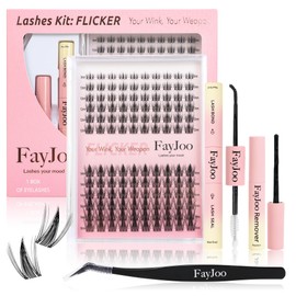 Wispy Spiky Soft Lash Clusters Kit, C Curl 8-18mm, Thin Fiber with 0.05mm Invisible Band, DIY Salon Eyelash Extension Kit with Bond Seal Remover Tweezers, Lightweight, Natural Glam, FLICKER 11 Kit