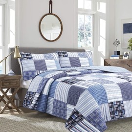 Cozy Line Home Fashions 100% Cotton Reversible Quilt Bedding Set, Navy Blue Denim Plaid Striped Real Patchwork Coverlet Bedspread (Daniel Patchwork, King-3 Piece)