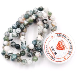 Fukugems Beads with Stretch Cord for Jewellery Making Loose Stone Beads for DIY Energy Stone Healing Power Bracelet 4 mm = 180 Pieces and 1 Roll Cord Tree Agate 4 mm