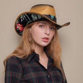 WELLATENT Western Cowboy Hats for Men and Women, Rolled Brim Straw Hats with Pattern，Music Festival Party Beach., Redflower, Medium-Large