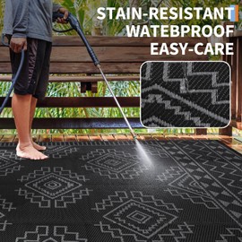 Foldable Portable RV Carpet with Stkes & Storage Bag,Extra Large Plastic Straw Rug 9x18, Waterproof Outdoor Rug for Gardens,Reversible Camping Mat Black and White