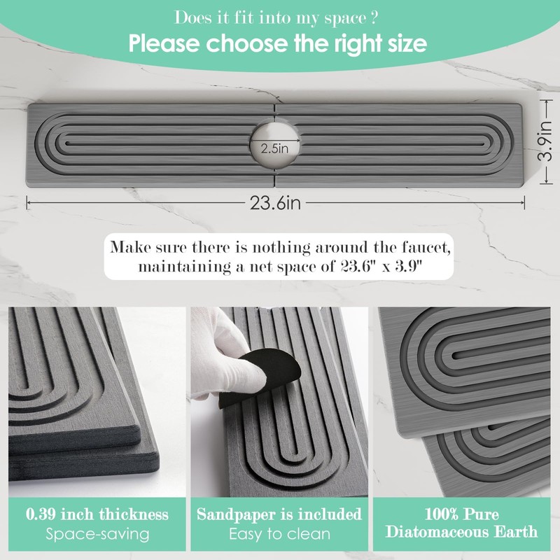 23.6'' Long Stone Faucet Mat for Kitchen Sink-Diatomite Quick Dry