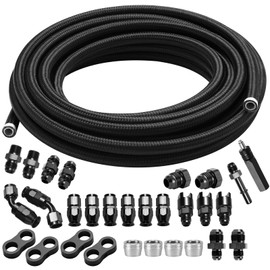 BRIFITOR 3/8" 6AN 25FT LS Swap Fuel Line Kit EFI E85 Fuel Hose Fitting Kit Nylon Stainless Steel Braided PTFE Fuel Line Kit, With PTFE Hose End Fitting Black