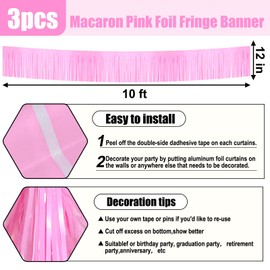 3 Pack 10 Long Macaron Pink Metallic Foil Fringe Garland Wall Hanging Tassle Banner, Mother's Day, Easter, Parade Floats, Birthday, Theme Party, Wedding Party Decorations