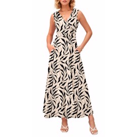 MISFAY Womens V Neck Printed Flowy Maxi Dress Floral Sleeveless Sundresses Casual Beach Summer Long Tank Dress with Pockets (Apricot Black Leaf,M)