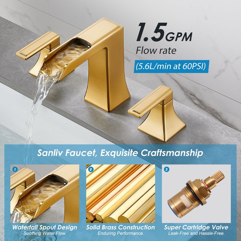Brushed Gold Waterfall Bathroom Faucet, Sanliv 2-Handle Widespread Bathroom Faucet
