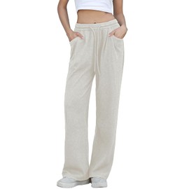 MEME XTRA Women's Straight Leg Sweatpants - High Waist Stretchy Joggers with Wide Leg, Casual Lounge Pants with Pockets Beige