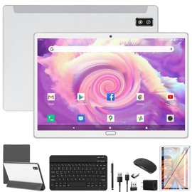 2025 Newest Android 13 Tablet, 2 in 1 Tablet 10.1 Inch, 4G Cellular Tablet with Keyboard, 64GB ROM + 4GB RAM, Octa-Core Processor, 2 Sim Slots, 13MP Camera, GPS/WiFi/Bluetooth/Mouse/Stylus(Black) Smartphone Cellphone - Color: Sliver