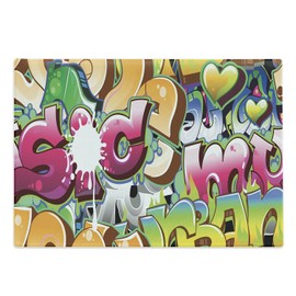 Ambesonne Urban Graffiti Cutting Board, Throwie Style Wall Graffiti of Bubble Letters Partially Overlapping Words, Decorative Tempered Glass Cutting and Serving Board, Large Size, Multicolor