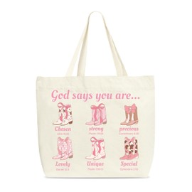 Zcsni Christian Tote Bags, Pink Bow Canvas Bag For Women, Cute Bachelorette Gifts For Cowgirl Friend Colleagues, Bible Verse Shoulder Bag For Work Shopping Library Book Store Read Room -A65