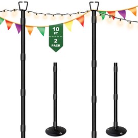 Tigerden 10Ft String Light Poles for Outside - 2 Pack Adjustable Metal Poles for Outdoor String Lights, Rustproof & Sturdy Light Stand Posts for Patio, Backyard, Deck, Garden, Party Decorations